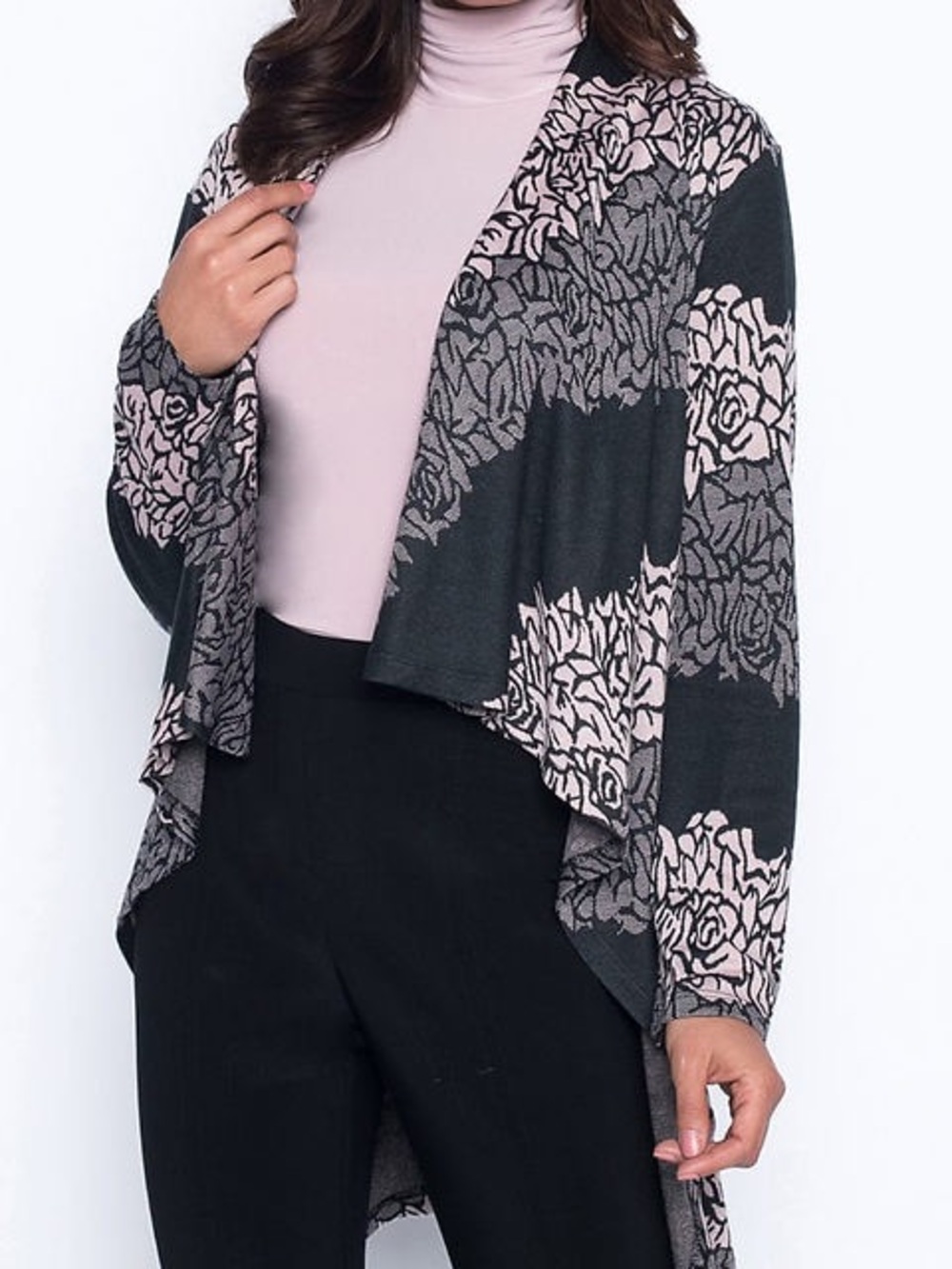 Frank Lyman Design Floral Draped Open Cardigan in Pink & Gray 
Style 194603